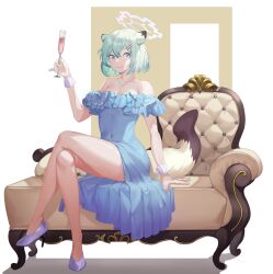 Rule 34 | 1girl, absurdres, alternate costume, animal ears, bare shoulders, blue archive, blue dress, breasts, champagne flute, cleavage, collarbone, couch, covered navel, crossed legs, cup, dress, drinking glass, evening gown, fishnet gloves, fishnets, formal, frilled dress, frills, gloves, green nails, hair between eyes, hair ornament, hairclip, halo, high heels, highres, jewelry, laku mwa, light green hair, medium breasts, nail polish, necklace, purple footwear, shigure (blue archive), short hair, sitting, solo, tail, weasel ears, weasel girl, weasel tail