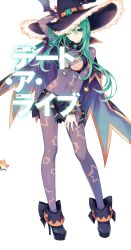 Rule 34 | 10s, 1girl, arm behind head, bat wings, bow, bra, breasts, cape, chain, cleavage, contrapposto, copyright name, date a live, full body, gem, green eyes, green hair, hand on thigh, hat, high heels, highres, jewelry, legs, long hair, lots of jewelry, matching hair/eyes, natsumi (date a live), official art, one eye closed, smile, solo, standing, star (symbol), transparent background, tsunako, underwear, white background, wings, wink, witch hat