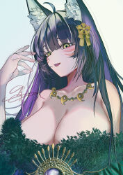 Rule 34 | 1girl, absurdres, animal ear fluff, animal ears, azur lane, bare shoulders, breasts, cleavage, collarbone, facial mark, fox ears, fox girl, fur-trimmed kimono, fur trim, gem, hair ornament, highres, huge breasts, japanese clothes, jewelry, kerla, kimono, kitsune, long hair, looking at viewer, low neckline, magatama, magatama necklace, musashi (azur lane), necklace, open mouth, purple gemstone, purple hair, simple background, solo, upper body, whisker markings, yellow eyes
