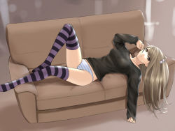 Rule 34 | 1girl, breasts, brown hair, couch, hair bobbles, hair ornament, large breasts, long hair, long legs, lying, nibai, no pants, original, panties, solo, striped clothes, striped panties, striped thighhighs, sweater, thighhighs, twintails, underwear