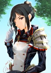 Rule 34 | 1girl, armor, artist name, black hair, bra, breasts, brown eyes, dated, gloves, highres, looking at viewer, military, military uniform, morag ladair (xenoblade), nature, nayuta-kanata, pauldrons, see-through, shoulder armor, small breasts, underwear, uniform, wet, wet clothes, wet hair, white bra, xenoblade chronicles (series), xenoblade chronicles 2