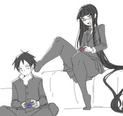 Rule 34 | 1boy, 1girl, absurdly long hair, black hair, blazer, blunt bangs, blush, commentary, controller, couple, dualshock, english commentary, eu03, feet, female protagonist (houkago play), gakuran, game console, game controller, gamepad, greyscale, hetero, hime cut, houkago play, jacket, kicking, long hair, male protagonist (houkago play), monochrome, no shoes, pantyhose, playing games, playstation 4, playstation controller, school uniform, sitting, spot color, thighs, very long hair, yellow eyes