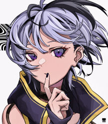 Rule 34 | 1girl, absurdres, androgynous, bare shoulders, black hair, black nails, commentary, finger to mouth, flower (vocaloid), flower (vocaloid4), hair blowing, head tilt, highres, index finger raised, jacket, mujikuro, multicolored hair, nail polish, portrait, purple eyes, purple jacket, short hair, sideways glance, sleeveless, sleeveless jacket, solo, streaked hair, vocaloid, white background, white hair