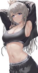 Rule 34 | 1girl, :o, armpits, arms up, black jacket, blue eyes, blush, breasts, cleavage, commentary request, earrings, english text, highres, jacket, jewelry, large breasts, linea alba, long hair, looking at viewer, makamati, midriff, navel, original, sideboob, simple background, solo, sports bra, sportswear, stretching, sweat, tareme, white background