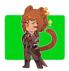 Rule 34 | 1girl, animal ears, black footwear, black jacket, black pants, black vest, boots, brown hair, closed mouth, collared shirt, full body, gunblade, hand up, jacket, leopard ears, leopard tail, limbus company, looking at viewer, necktie, one eye closed, orange eyes, outis (project moon), pants, project moon, red necktie, shirt, short hair, smile, solo, sword, tail, uchimura (rino0525), vest, weapon, white shirt