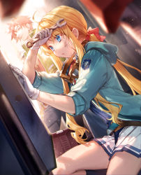 Rule 34 | 1boy, 1girl, achan (blue semi), agate crosner, ahoge, blonde hair, blue eyes, blue jacket, blue shirt, chinese commentary, closed mouth, cowboy shot, dirty, dirty face, dutch angle, eiyuu densetsu, falcom, gloves, goggles, goggles around neck, green jacket, hair ribbon, highres, holding, holding wrench, hood, hooded jacket, insignia, jacket, long hair, looking at another, miniskirt, open clothes, open jacket, parted lips, pleated skirt, ponytail, red hair, red ribbon, ribbon, sen no kiseki, sen no kiseki iii, sen no kiseki iv, shirt, sidelocks, sitting, skirt, smile, solo focus, sora no kiseki, straight hair, sunlight, sweat, sweatdrop, thighs, tita russell, toolbox, unzipped, white gloves, white skirt, wiping sweat, wrench