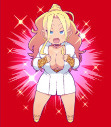 Rule 34 | 1girl, animal print, blonde hair, blue eyes, breasts, choker, coat, earrings, fur coat, galko&#039;s sister, gyaru, half-closed eyes, high heels, jewelry, leopard print, looking at viewer, open mouth, oshiete! galko-chan, red background, simple background, solo, tetrodotoxin, white fur coat