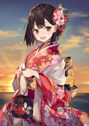 Rule 34 | 1girl, :d, backlighting, bag, black hair, blue sky, brown eyes, commentary request, evening, floral print, flower, gradient sky, hair flower, hair ornament, holding, holding bag, horizon, japanese clothes, kimono, lace trim, leaf, leaf hair ornament, long sleeves, looking at viewer, nail polish, ocean, official art, open mouth, orange sky, original, outdoors, pink flower, red flower, red kimono, red nails, sash, short hair, shugao, sky, smile, solo, sunset, water, wide sleeves