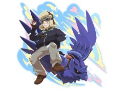 Rule 34 | 1boy, brown footwear, brown gloves, brown headwear, cabbie (pokemon), collared shirt, commentary request, corviknight, creatures (company), fingerless gloves, game freak, gen 8 pokemon, gloves, goggles, green shirt, grey pants, grin, hand in pocket, hand up, highres, hyoe (hachiechi), jacket, long sleeves, male focus, nintendo, pants, pokemon, pokemon (creature), pokemon swsh, shirt, shoes, smile, teeth, zipper pull tab