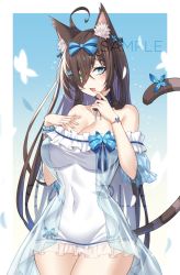 Rule 34 | 1girl, ahoge, animal ear fluff, animal ears, blue bow, blue eyes, blush, bow, breasts, brown hair, cat ears, cat tail, character request, cleavage, copyright request, cowboy shot, dress, green eyes, hair bow, hair over one eye, hands up, heterochromia, highres, koissa, large breasts, long hair, microdress, mole, mole under eye, off-shoulder dress, off shoulder, short sleeves, solo, standing, tail, thighs, very long hair, white dress, wrist cuffs