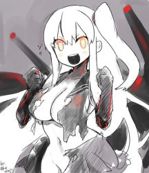 Rule 34 | &gt;:d, 10s, 1girl, :d, abyssal ship, aircraft carrier princess, artist name, black dress, blush, breasts, cleavage, collarbone, colored skin, commentary request, dress, glowing, glowing eyes, kantai collection, large breasts, long hair, navel, one side up, open mouth, orange eyes, sailor dress, side ponytail, smile, solo, torn clothes, torn dress, turret, v-shaped eyebrows, veins, white hair, white skin, yuzuki gao