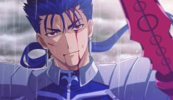 Rule 34 | 1boy, akujiki59, artist name, blood, blood on face, blue hair, blurry, closed mouth, cloud, cloudy sky, commentary request, cu chulainn (fate), cu chulainn (fate/stay night), fate (series), floating hair, hair tubes, long hair, looking at viewer, male focus, official style, outdoors, ponytail, rain, red eyes, shoulder plates, sky, smile, solo, upper body, watermark, weapon