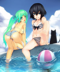 Rule 34 | 2girls, all fours, ass, bad feet, bad id, bad pixiv id, ball, barefoot, beachball, bikini, black cat, black hair, blue eyes, blush, bow, breasts, cat, feet, from behind, ginji74, green eyes, green hair, grin, hair ribbon, highres, large breasts, legs, long hair, looking back, multiple girls, navel, open mouth, original, ponytail, ribbon, short hair, sideboob, sitting, small breasts, smile, soaking feet, striped bikini, striped clothes, swimsuit, twintails, water, wet