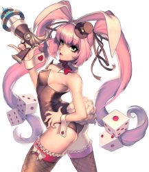 Rule 34 | 1girl, animal ears, breasts, chaos online, cowboy shot, detached collar, dice, fake animal ears, green eyes, hat, long hair, love cacao, mini hat, mini top hat, official art, pink hair, playboy bunny, rabbit ears, rabbit tail, small breasts, solo, tail, thighhighs, top hat, transparent background, twintails, tyria (chaos online), very long hair, wrist cuffs