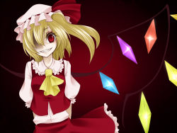 Rule 34 | 1girl, blonde hair, embodiment of scarlet devil, female focus, flandre scarlet, grin, hair over one eye, hat, looking at viewer, mob cap, ponytail, red eyes, shaded face, shimizu kokeshi, short hair, side ponytail, slit pupils, smile, solo, touhou, white hat, wings
