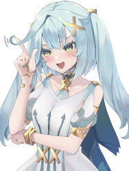 Rule 34 | 1girl, absurdres, aqua hair, aqua nails, arms under breasts, bare shoulders, blush, bracelet, breasts, clothing cutout, commentary request, cowlick, dress, faruzan (genshin impact), genshin impact, green eyes, green nails, hair ornament, highres, jewelry, long hair, looking at viewer, neck ring, open mouth, playing with own hair, short sleeves, shoulder cutout, sideboob, simple background, skirt cutout, sleeveless, sleeveless dress, small breasts, smile, solo, symbol-shaped pupils, triangle-shaped pupils, tsurime, twintails, ura (hamburg oniku), white background, white dress, wristlet, x hair ornament