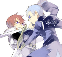 Rule 34 | 2boys, asbel lhant, bad id, bad pixiv id, battle, blue eyes, blue hair, brothers, brown hair, frills, glasses, hubert ozwell, male focus, multiple boys, siblings, sword, tales of (series), tales of graces, weapon, white background, zenmai