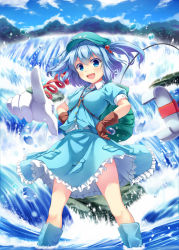 Rule 34 | &gt;:d, 1girl, :d, backpack, bag, blue eyes, blue hair, blue sky, brown gloves, cloud, gloves, hair bobbles, hair ornament, hand on own hip, hat, kawashiro nitori, key, matching hair/eyes, mechanical arms, noe noel, open mouth, pointing, pointing at viewer, puffy short sleeves, puffy sleeves, shirt, short sleeves, skirt, skirt set, sky, smile, solo, thighs, touhou, twintails, two side up, v-shaped eyebrows, water, waterfall
