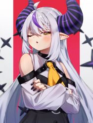 Rule 34 | 1girl, ascot, bare shoulders, black horns, black nails, braid, braided bangs, closed eyes, crossed arms, dot keter, highres, hololive, horns, la+ darknesss, la+ darknesss (1st costume), long hair, multicolored hair, pointy ears, pout, purple hair, streaked hair, striped horns, virtual youtuber, yellow ascot