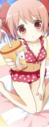 Rule 34 | 10s, 1girl, :o, alternate costume, barefoot, beach, beach towel, bikini, bikini skirt, blurry, blush, bow, bow bikini, bra, breasts, cleavage, cloud, collarbone, cup, day, depth of field, drink, drinking straw, frilled bikini, frilled bra, frilled panties, frilled swimsuit, frills, giving, hair bow, hair ornament, hair ribbon, hand on own thigh, hand on thigh, head tilt, holding, kaname madoka, kurot, kyubey, lingerie, long image, looking at viewer, mahou shoujo madoka magica, mahou shoujo madoka magica (anime), navel, outdoors, outstretched arm, panties, parted lips, pink eyes, pink hair, polka dot, polka dot bikini, polka dot swimsuit, pov, red bikini, ribbon, sand, short hair, short twintails, sitting, sky, small breasts, solo, staring, striped, summer, swimsuit, tall image, thigh gap, towel, triangle mouth, twintails, underwear, wariza