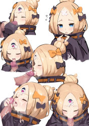 Rule 34 | 1boy, 1girl, abigail williams (fate), abigail williams (traveling outfit) (fate), absurdres, bandaid, bandaid on face, bandaid on forehead, belt, black bow, black jacket, blonde hair, blue eyes, bow, breasts, censored, closed eyes, crossed bandaids, cum, cum in mouth, ejaculation, erection, facial, fate/grand order, fate (series), fellatio, forehead, hair bow, hair bun, handjob, heroic spirit traveling outfit, hetero, highres, jacket, keyhole, kunabishi, licking, licking penis, long hair, looking at viewer, mosaic censoring, multiple bows, multiple views, official alternate costume, open mouth, oral, orange belt, orange bow, parted bangs, penis, simple background, single hair bun, sleeves past wrists, small breasts, smile, third eye, tongue, tongue out, white background