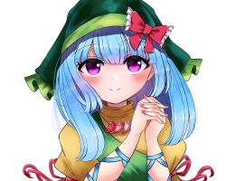 Rule 34 | 1girl, apron, arm ribbon, arms up, aun (old dorothy), bad id, bad pixiv id, blue hair, blush, bow, closed mouth, commentary request, dress, fingernails, green hat, haniyasushin keiki, hat, hat bow, high collar, highres, hood, interlocked fingers, jewelry, long hair, looking at viewer, magatama, magatama necklace, nail polish, necklace, own hands clasped, own hands together, partial commentary, puffy short sleeves, puffy sleeves, purple eyes, ribbon, short sleeves, simple background, smile, solo, touhou, upper body, white background, yellow dress