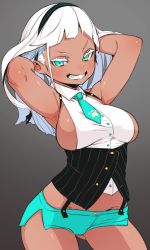 Rule 34 | absurdres, aqua eyes, aqua necktie, aqua shorts, armpits, bare arms, blouse, blunt bangs, blush, breasts, character request, clenched teeth, colored eyelashes, dark skin, feet out of frame, gradient background, grey background, grin, hairband, hand in own hair, highres, large breasts, long hair, midriff, necktie, sharp teeth, shimobaru, shirt, short necktie, short shorts, shorts, sideboob, simple background, sleeveless, sleeveless shirt, smile, standing, teeth, v-shaped eyebrows, white hair, white shirt