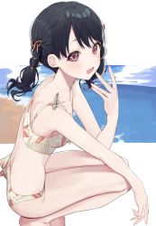 Rule 34 | 1girl, :d, bare arms, bare legs, bare shoulders, barefoot, beach, bikini, black hair, blush, bow, breasts, brown eyes, commentary request, day, fangs, floral print, from side, fukumaru koito, hair ornament, highres, horizon, idolmaster, idolmaster shiny colors, looking at viewer, looking to the side, ocean, open mouth, print bikini, purple eyes, ribbon, sand, smile, solo, spread legs, squatting, swimsuit, syhan, twintails, water, white bikini