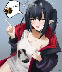 Rule 34 | +++, 1girl, :d, arknights, bare shoulders, black hair, black jacket, blush, breasts, cleavage, closure (arknights), collar, collarbone, dress, eroborne, fang, female focus, grey background, heart, highres, index finger raised, jacket, large breasts, long hair, long sleeves, looking at viewer, off shoulder, open clothes, open jacket, open mouth, originium (arknights), pointy ears, prostitution, red eyes, signature, simple background, skin fang, smile, solo, speech bubble, tongue, tongue out, two side up, undressing, white dress