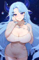 Rule 34 | 1girl, absurdres, animal ears, artist name, blue eyes, blue hair, blush, breasts, cleavage, cow ears, cow girl, cow horns, curvy, dress, hair ornament, hairclip, hand on own chest, highres, horns, huge breasts, indie virtual youtuber, long hair, long sleeves, looking at viewer, miilkywayz, mole, mole under eye, mole under mouth, pinkuletti, solo, sweater, sweater dress, thigh gap, thighs, turtleneck, turtleneck sweater, very long hair, virtual youtuber, wide hips