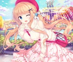 Rule 34 | 1girl, bag, between breasts, blush, breasts, clothing cutout, day, dress, handbag, hat, kimishima ao, long hair, open mouth, outdoors, red hat, shoulder bag, shoulder cutout, solo, strap between breasts, sweater, very long hair, white sweater