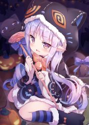 Rule 34 | 1girl, animal ears, animal hood, baku-p, bell, black capelet, black dress, black footwear, capelet, cat ears, cat tail, commentary request, dress, elf, fake animal ears, halloween, highres, hood, jack-o&#039;-lantern, jingle bell, kneehighs, kyoka (halloween) (princess connect!), kyoka (princess connect!), long hair, open mouth, paw shoes, pointy ears, princess connect!, purple eyes, purple hair, ribbon, shoes, sitting, socks, solo, striped clothes, striped socks, tail, tail ornament, tail ribbon, wand, weapon