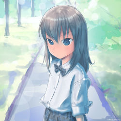 Rule 34 | 10s, 1girl, artist name, bad id, bad pixiv id, blue eyes, blurry, bokeh, bow, chimaki (u9works), depth of field, girls und panzer, itsumi erika, looking at viewer, park, path, plaid, plaid bow, plaid skirt, road, school uniform, silver hair, skirt, sleeves rolled up, solo, tree, aged down
