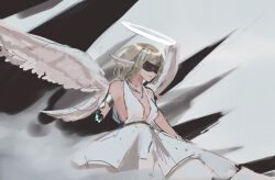 Rule 34 | 1girl, absurdres, angel, angel wings, black blindfold, blindfold, damaged, dress, feathered wings, grey hair, halo, highres, medium hair, missing limb, original, potatomochii, solo, white dress, white wings, wings