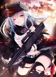 Rule 34 | 1girl, ;o, assault rifle, bare shoulders, belt, belt pouch, black jacket, black scarf, black shorts, black thighhighs, blush, building, bullpup, camouflage, caseless firearm, cloud, cloudy sky, commentary request, floating hair, g11 (girls&#039; frontline), girls&#039; frontline, gun, h&amp;k g11, hair between eyes, hat, highres, holding, holding gun, holding weapon, horizontal magazine, jacket, leg up, lens flare, long hair, long sleeves, looking at viewer, midriff, name connection, object namesake, off shoulder, one eye closed, open clothes, open jacket, orange sky, outdoors, parted lips, peaked cap, personification, pouch, prototype design, red footwear, red hat, rifle, scarf, shiira (nya rl), shirt, shoes, short shorts, shorts, sidelocks, silver hair, sky, solo, standing, standing on one leg, thighhighs, thighs, torn clothes, torn shirt, weapon, white shirt, yellow eyes