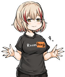 Rule 34 | 1girl, azur lane, black shirt, blonde hair, blush, brand name imitation, breasts, commentary, english text, incoming hug, looking at viewer, medium breasts, medium hair, multicolored hair, pornhub, roon (azur lane), sassa (onion), shirt, short sleeves, simple background, smile, solo, two-tone hair, upper body, white background, yellow eyes