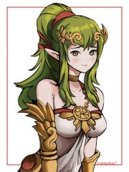 Rule 34 | 1girl, absurdres, bare shoulders, blush, breasts, choker, closed mouth, collarbone, commentary, cosplay, crown, dress, english commentary, fire emblem, fire emblem awakening, gold choker, green eyes, green hair, hair ornament, hair ribbon, headpiece, highres, jewelry, kid icarus, kid icarus uprising, light smile, long hair, looking at viewer, medium breasts, neck ring, nintendo, palutena, palutena (cosplay), pointy ears, ponytail, ribbon, smile, solo, strapless, strapless dress, super smash bros., tiki (adult) (fire emblem), tiki (fire emblem), tommy (kingdukeee), twitter username, white background, white dress