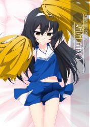 Rule 34 | 1girl, artist name, black hair, blue shorts, blue skirt, brown eyes, character name, cheerleader, clothes lift, copyright name, cowboy shot, girls und panzer, hairband, highres, holding, holding pom poms, inaba shiki, long hair, looking at viewer, lying, pleated skirt, pom pom (cheerleading), pom poms, reizei mako, shirt, shorts, shorts under skirt, skirt, skirt lift, sleeveless, sleeveless shirt, solo, white hairband