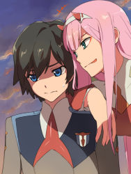 Rule 34 | +++, 10s, 1boy, 1girl, arm over shoulder, black hair, blue eyes, chiharu (9654784), cloud, cloudy sky, commentary request, couple, darling in the franxx, evening, green eyes, hair ornament, hairband, hetero, hiro (darling in the franxx), horns, lipstick, long hair, long sleeves, looking at another, makeup, military, military uniform, necktie, oni horns, orange neckwear, pink hair, red horns, red neckwear, short hair, sky, sweatdrop, tongue, tongue out, uniform, white hairband, zero two (darling in the franxx)