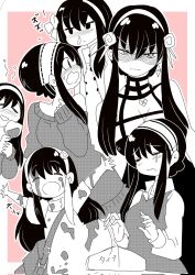 Rule 34 | 1girl, bare shoulders, black dress, black hair, blush, breasts, cleavage, corrupted twitter file, dress, earrings, flower, gloves, gold earrings, gold hairband, hair flower, hair ornament, hairband, highres, holding, jewelry, large breasts, long hair, looking at viewer, monochrome, off-shoulder sweater, off shoulder, red sweater, sidelocks, spy x family, sweater, toyishiki shizuoka, two-sided dress, two-sided fabric, white hairband, yor briar