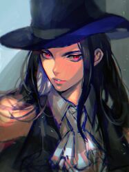 Rule 34 | 1other, absurdres, androgynous, ascot, bare shoulders, black hair, black hat, guilty gear, guilty gear strive, hat, highres, long hair, looking at viewer, other focus, parted lips, red eyes, testament (guilty gear), top hat, white ascot, yohane shimizu