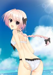 Rule 34 | 1boy, absurdres, adjusting clothes, adjusting panties, adjusting swimsuit, ass, astolfo (fate), blush, bow, braid, butt crack, fate/apocrypha, fate/grand order, fate (series), hair bow, highres, long hair, looking at viewer, looking back, male focus, multicolored hair, open mouth, panties, pink hair, purple eyes, shiny skin, single braid, smile, solo, swimsuit, trap, two-tone hair, underwear, very long hair, white hair