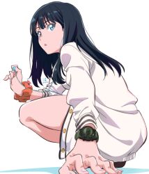 Rule 34 | 1girl, :o, arm support, black hair, blue eyes, cardigan, commentary, dated, earphones, gridman universe, holding, long hair, long sleeves, looking at viewer, miyahara takuya, orange scrunchie, parted lips, scrunchie, simple background, single earphone removed, solo, squatting, ssss.gridman, takarada rikka, watch, white background, white cardigan, wrist scrunchie, wristwatch