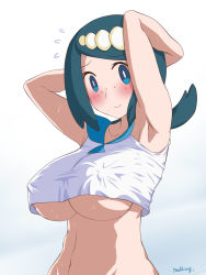 Rule 34 | 1girl, akadama, armpits, arms behind head, arms up, blue eyes, blue hair, blush, breasts, creatures (company), crop top, crop top overhang, covered erect nipples, freckles, game freak, hairband, lana&#039;s mother (pokemon), large breasts, looking at viewer, mature female, nintendo, pokemon, pokemon (anime), pokemon sm (anime), shirt, sleeveless, sleeveless shirt, smile, solo, underboob, undersized clothes, upper body, white hairband, white shirt