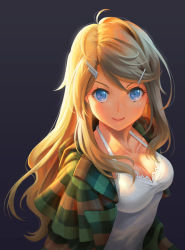 Rule 34 | 1girl, black background, blonde hair, blue eyes, breasts, cleavage, collarbone, hair ornament, hairclip, large breasts, long hair, looking at viewer, original, pinakes, simple background, smile, solo, upper body