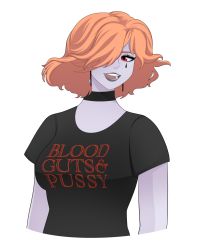 Rule 34 | 1girl, casual, deebyfeeby, english text, fire emblem, fire emblem: three houses, goth fashion, highres, kronya (fire emblem), looking at viewer, mall goth, nintendo, open mouth, orange hair, pale skin, red eyes, shirt, short hair, skirt, solo, tagme, white skirt