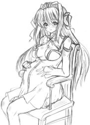 Rule 34 | 1girl, aneria floris etherhart, axia, blush, body blush, breasts, chair, detached sleeves, dress, fuchi, greyscale, jewelry, knee blush, long hair, medium breasts, monochrome, necklace, pregnant, sitting, solo