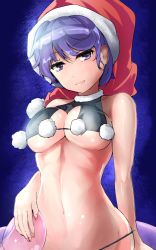 Rule 34 | 1girl, adapted costume, bare arms, bare shoulders, bikini, breasts, cleavage, closed mouth, doremy sweet, dream soul, hat, highres, looking at viewer, medium breasts, nail polish, navel, nightcap, one-hour drawing challenge, pom pom (clothes), purple eyes, purple hair, red nails, santa hat, short hair, smile, solo, stomach, swimsuit, touhou, underboob, upper body, y2