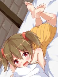 Rule 34 | 1girl, bare shoulders, barefoot, bed, blush, brown hair, female focus, highres, iberiko (soinesitai), looking at viewer, lying, hugging object, open mouth, red eyes, short hair, silica, smile, soles, solo, sword art online, twintails