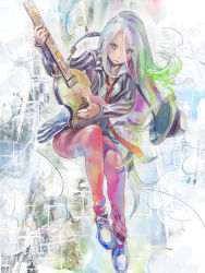 Rule 34 | 1girl, cloud, falling, guitar, hat, highres, instrument, long hair, multicolored hair, necktie, original, pomodorosa, revision, shirt, shoes, sneakers, solo, striped clothes, striped shirt, unworn hat, unworn headwear